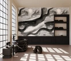 Modern Art© Mural Wallpaper In Black + Creme -Drop It Modern Sales Modern art black creme render 14