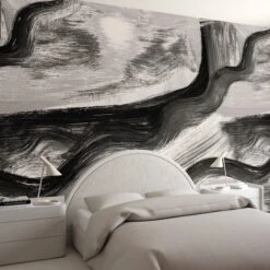 Modern Art© Mural Wallpaper In Black + Creme -Drop It Modern Sales Modern art black creme render 7