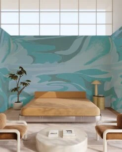 American Landscape© Mural Wallpaper In Teal -Drop It Modern Sales american landscape teal render 01