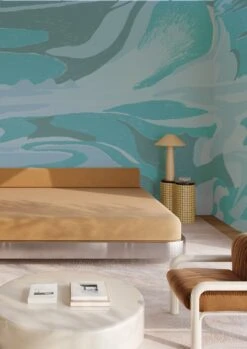 American Landscape© Mural Wallpaper In Teal -Drop It Modern Sales american landscape teal render 01 crop