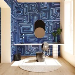 Playhouse© Mural Wallpaper In Navy -Drop It Modern Sales playhouse navy rendering